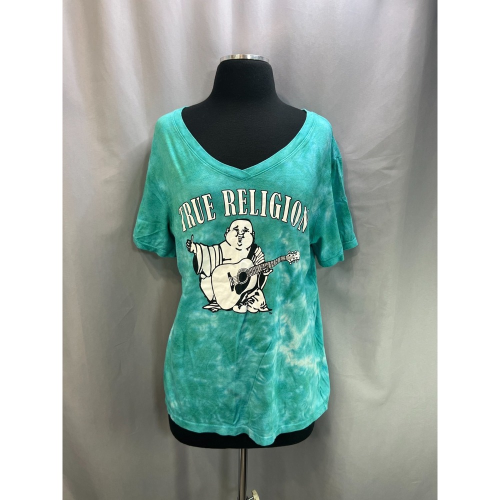 True Religion World Tour T Shirt Women Medium Aqua Buddha Graphic Tie Dye V Neck